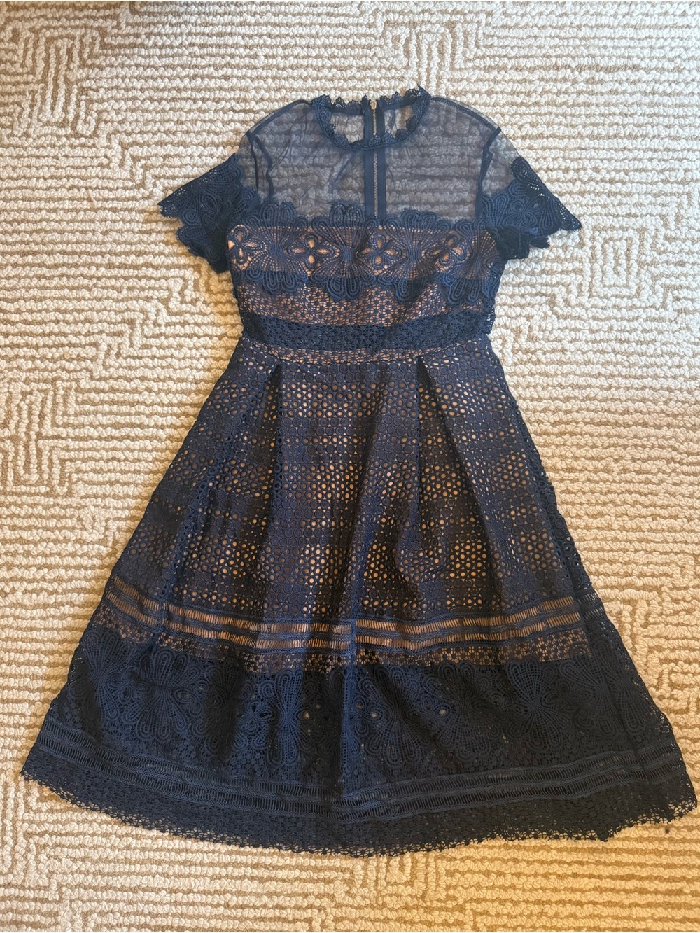 NWT Navy Lace Fit-and-Flare Dress with Sheer Yoke — medium, fits like a small